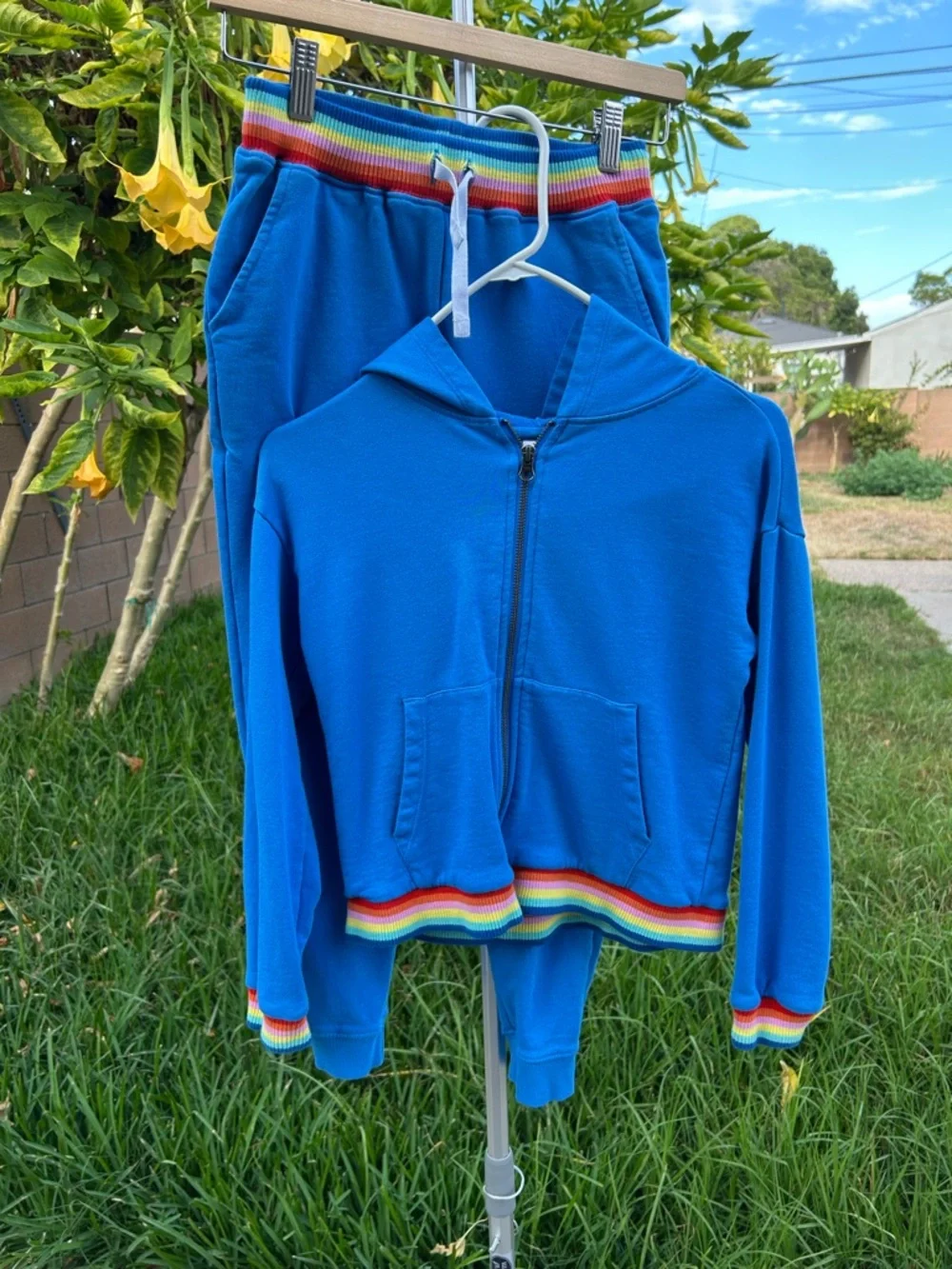 Hanna Andersson Blue Hoodie & Pants Set with Rainbow Trim